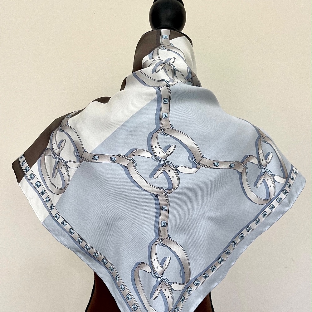 Gucci Logo Chains Color-Block Brown Blue GG Silk Scarf - Picture 6 of 13